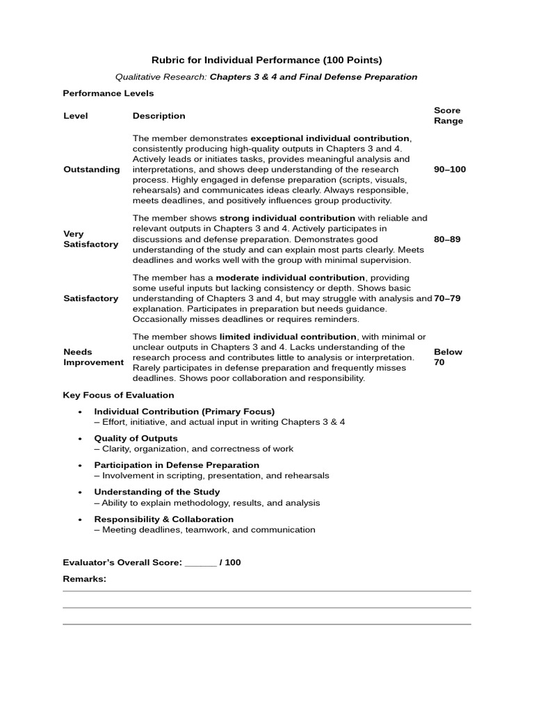 Rubric for Chapters 3 and 4 Final Defense | PDF