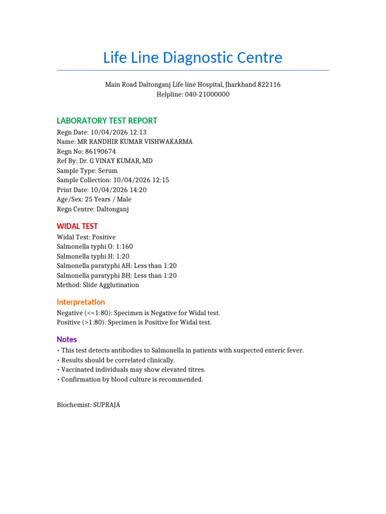 Color Widal Test Report | PDF