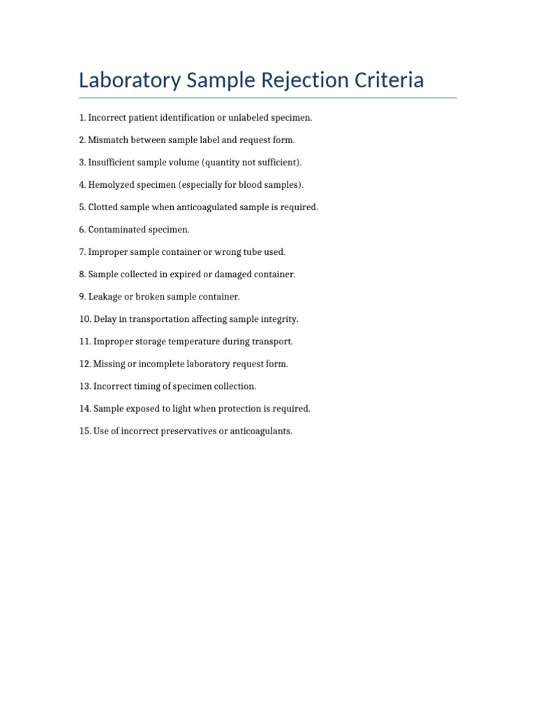 Laboratory Sample Rejection Criteria | PDF