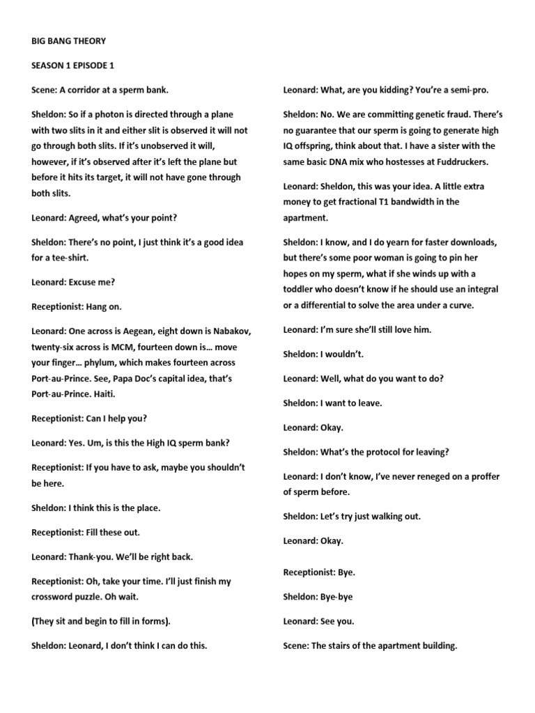 Big Bang Theory Pilot Episode Transcript PDF Leisure Nature