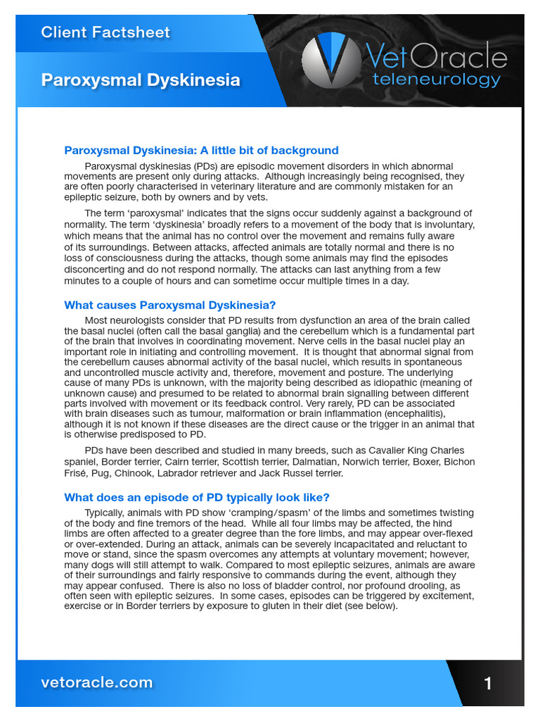 Vet Oracle Client Factsheet Paroxysmal Dyskinesia | PDF | Parkinson's ...