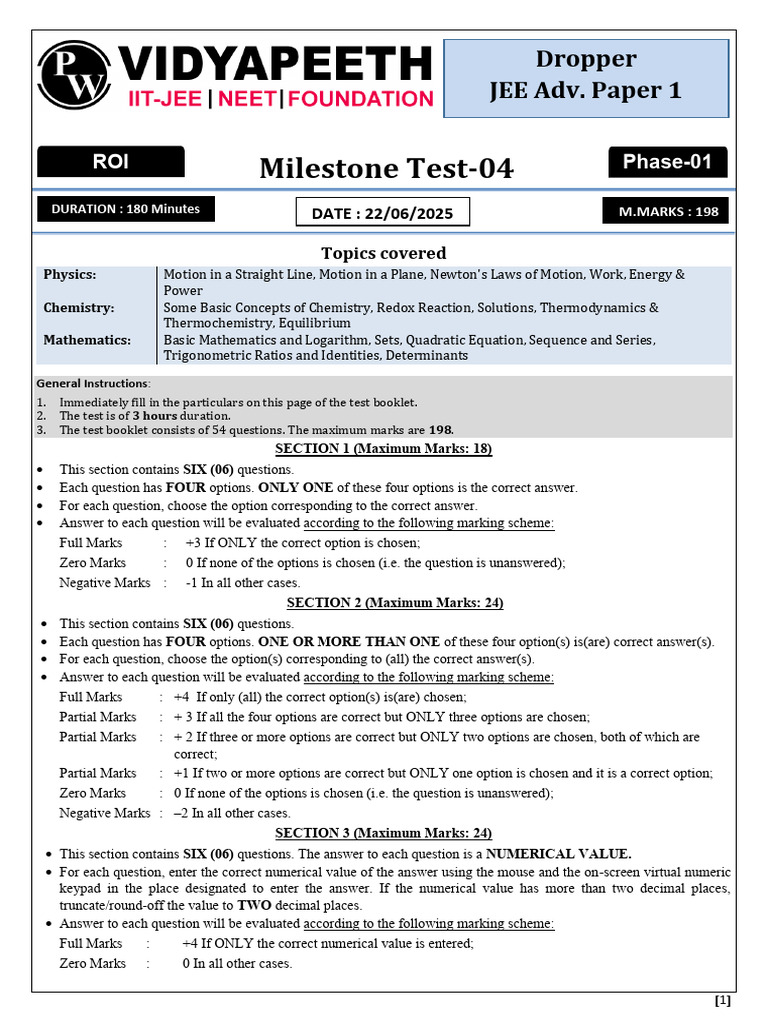 Milestone Adv Test 04 Paper 01 Class Dropper Phase 01-22-06 2025 | PDF ...
