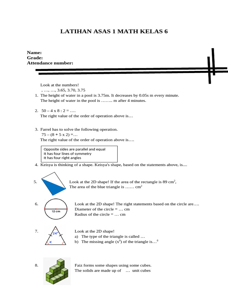 Latihan ASAS 1 Math Grade 6_2025-2026_ok (2) | PDF | Area | Triangle