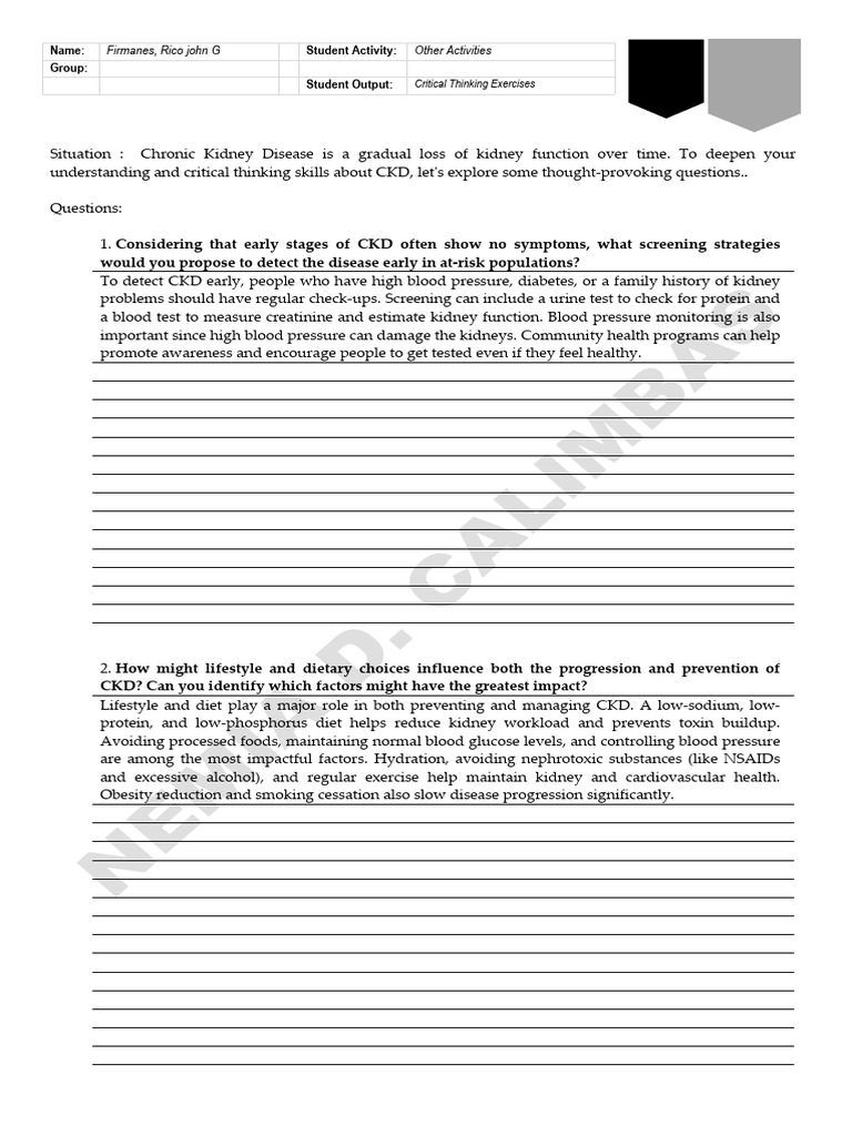Student Output Template CRITICAL THINKING EXERCISES CKD | PDF | Chronic ...