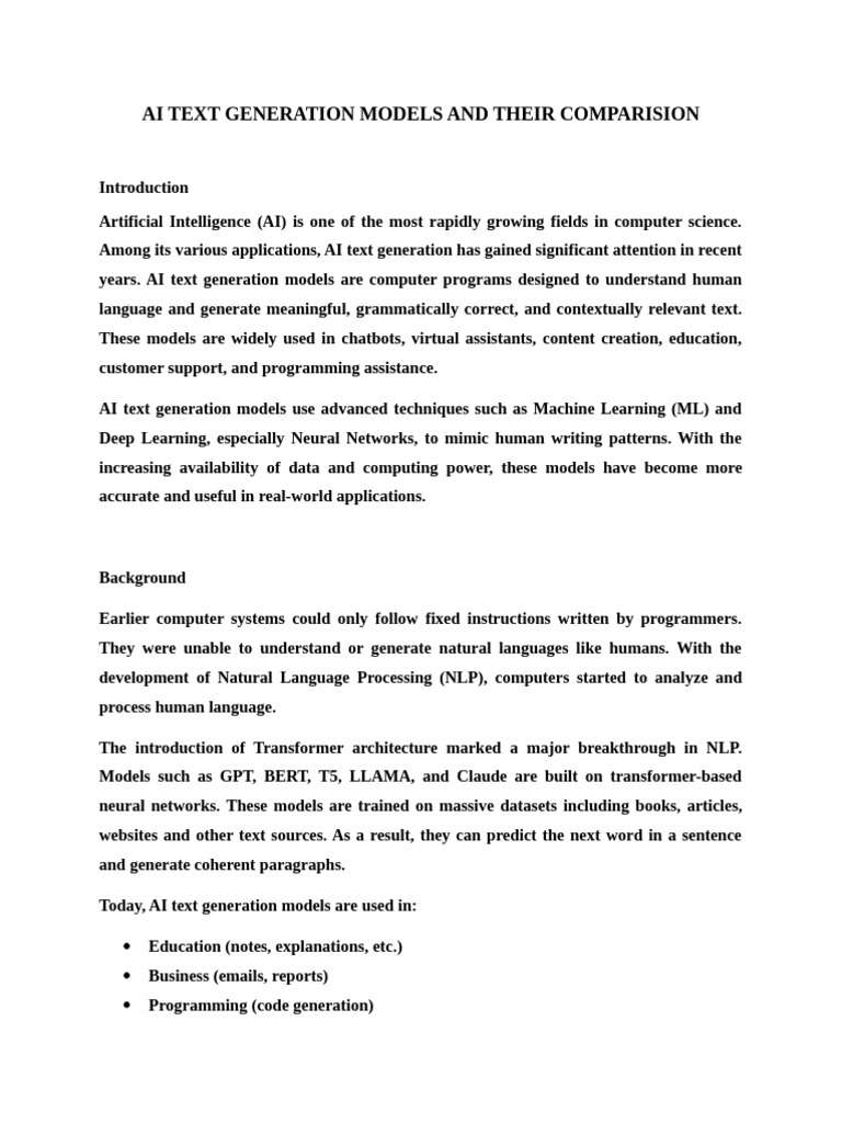 AI TEXT GENERATION MODELS AND THEIR COMPARISION | PDF | Artificial ...