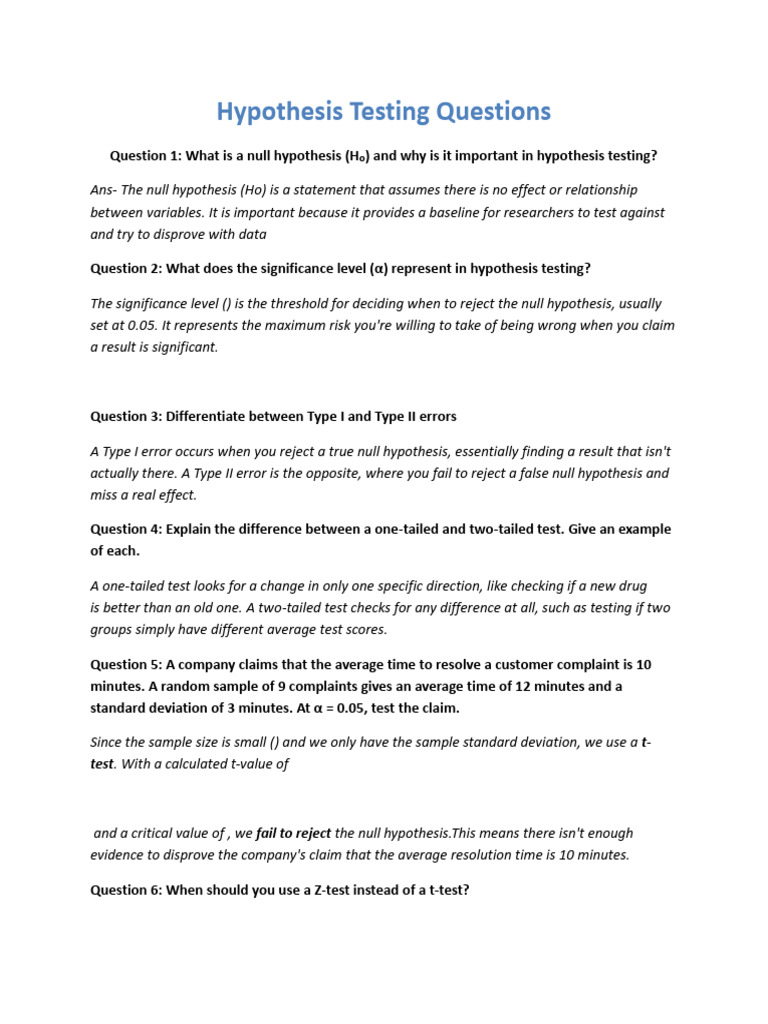 Hypothesis Testing Questions | PDF | Student's T Test | Type I And Type ...