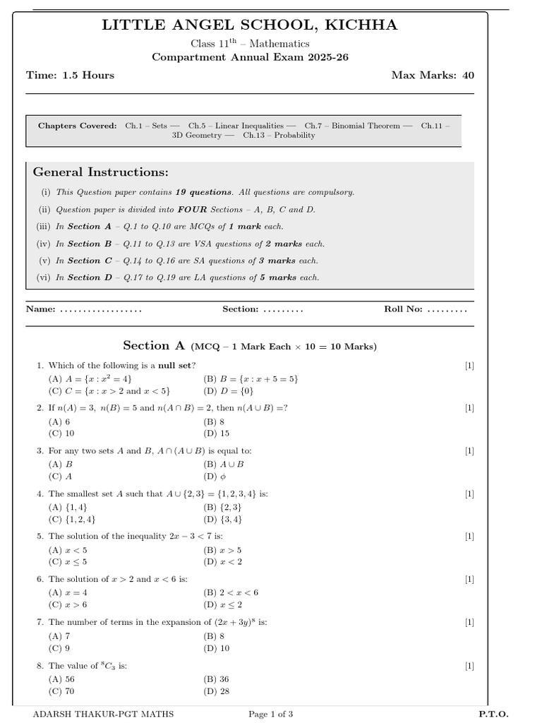 Class 11th Compartment | PDF | Mathematics | Mathematical Analysis