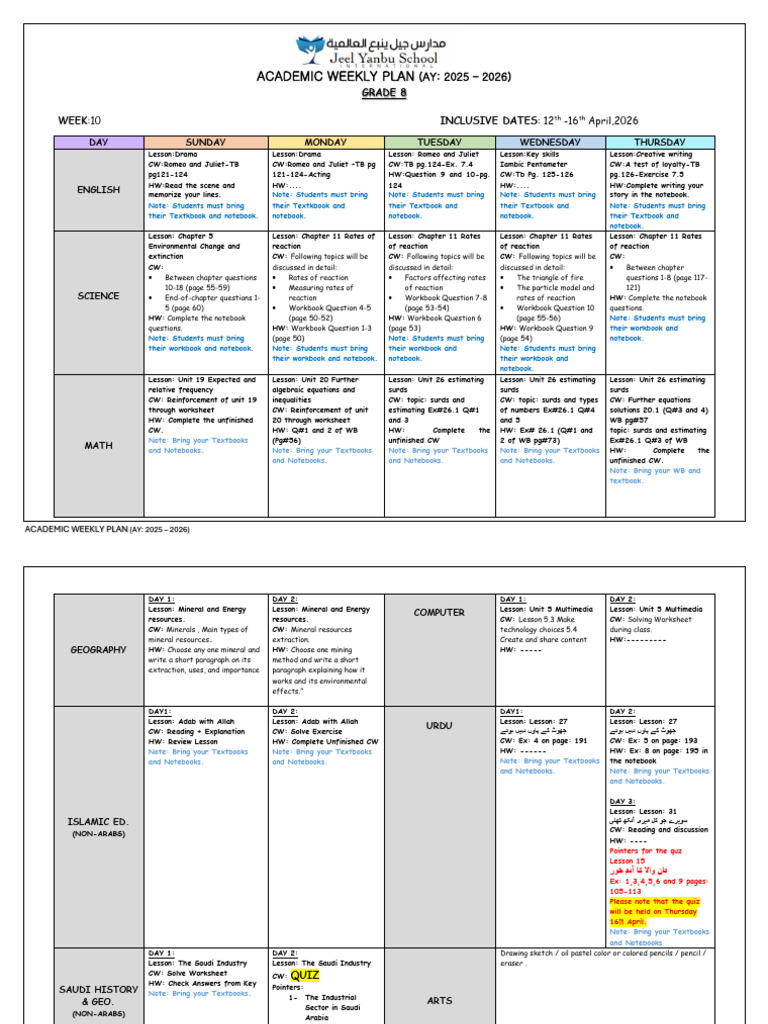 Academic Weekly Plan 25-26 (Grade 8)- Week 10-Term 2 1 | PDF