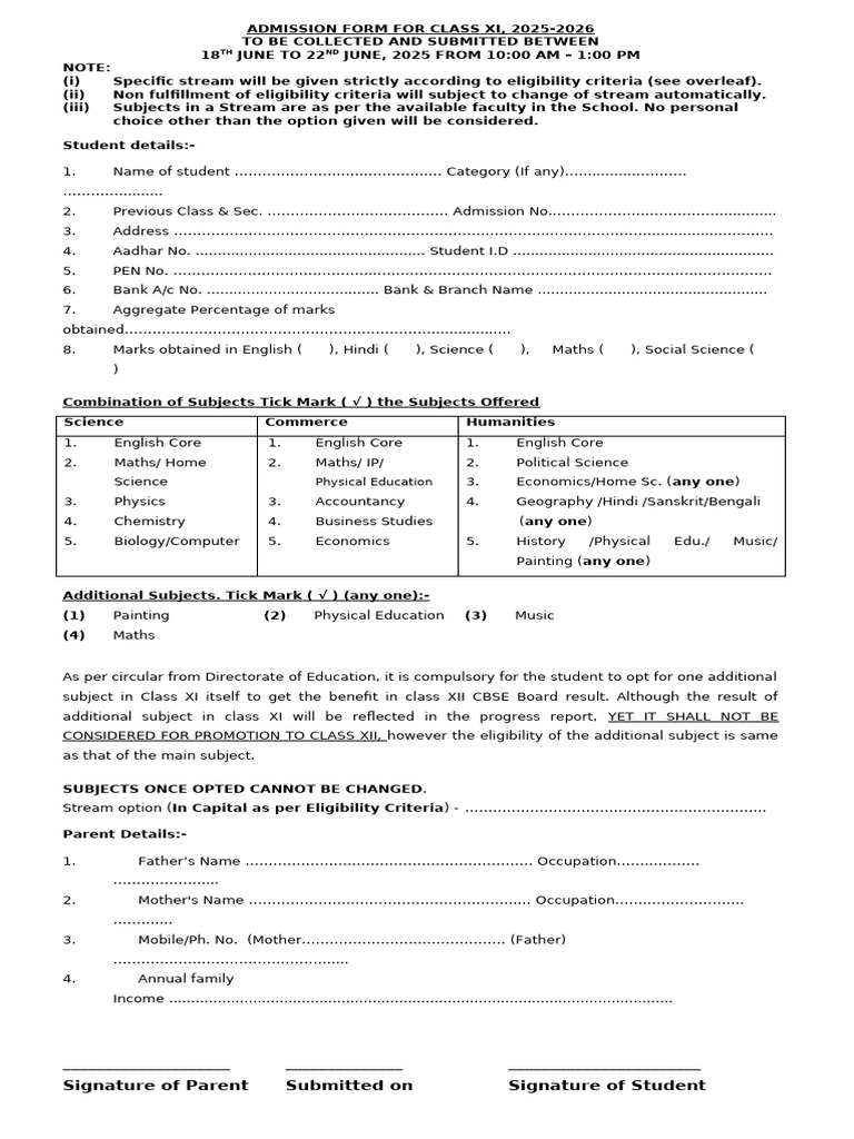 Option Form For Class XI | PDF
