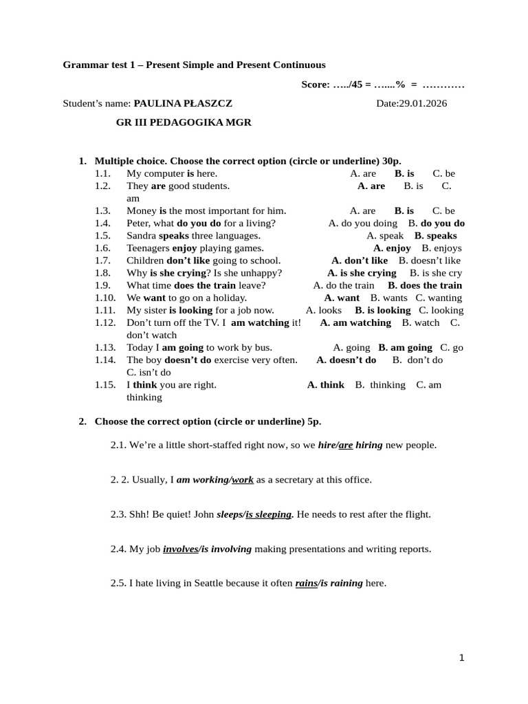 Grammar Test 1 PS PC | PDF | Linguistics
