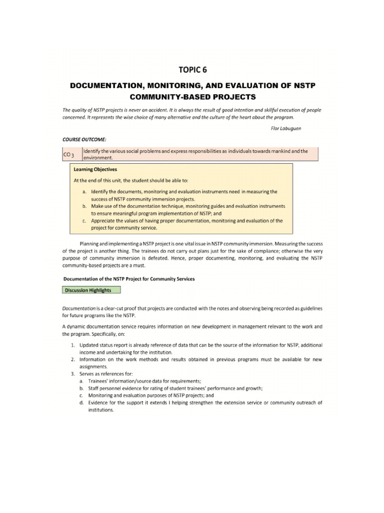 Documentation Monitoring and Evaluation for NSTP CWTS Community Base ...