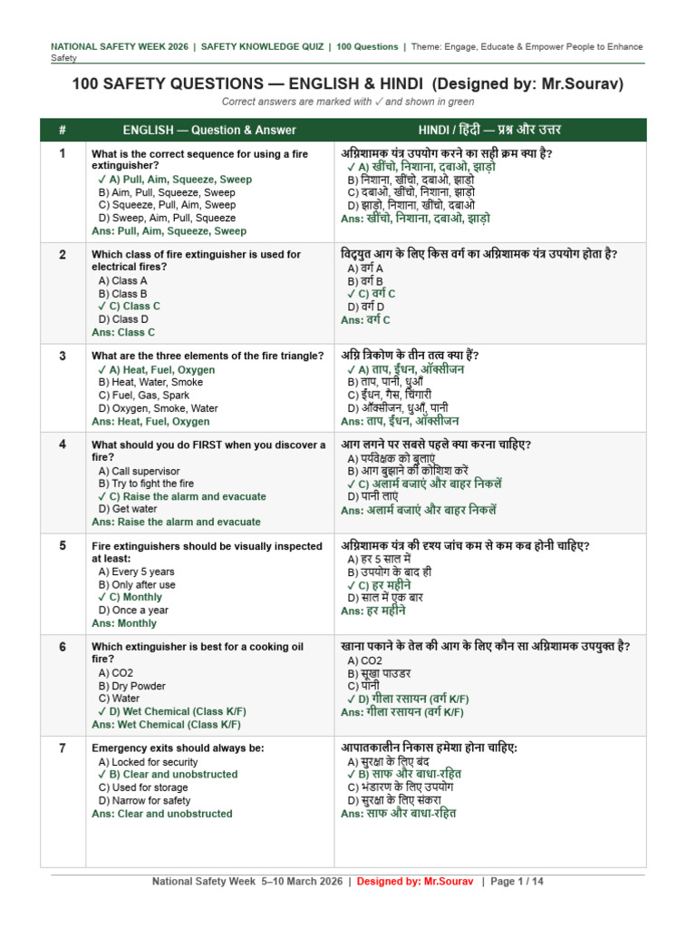 Safety Quiz 100 Questions for National Safety Week 2026 | PDF