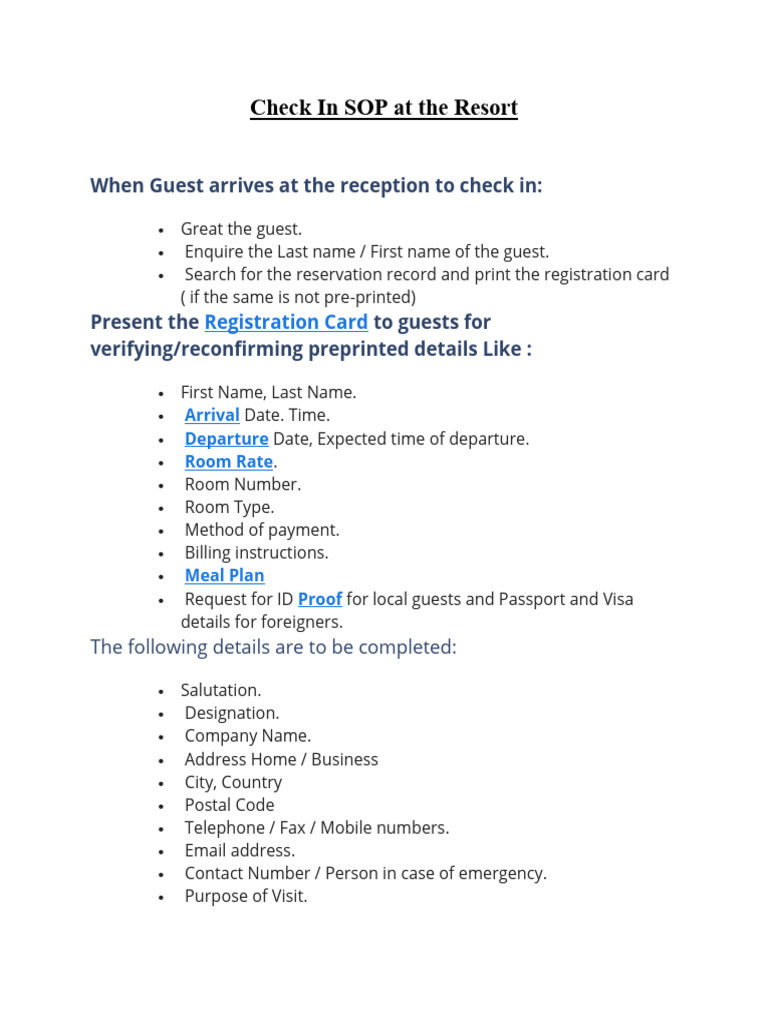 Check in SOP at the Resort | PDF