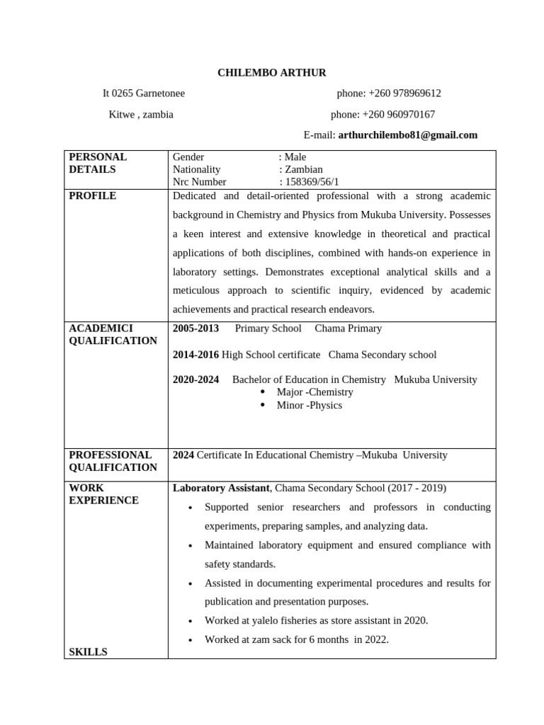 CHILEMBO ARTHUR CV | PDF | Science