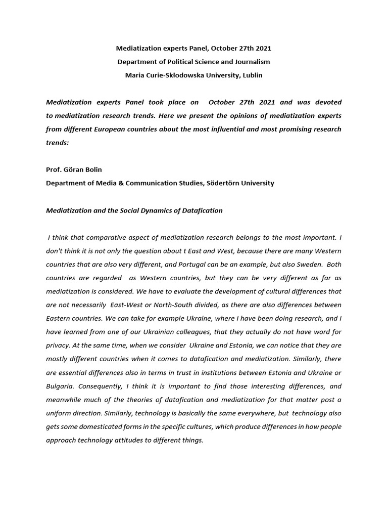 Mediatization Experts Panel | PDF | Surveillance | Cognition