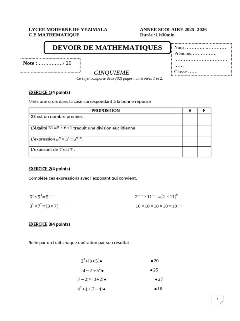 Devoir Math 5ème 2025-2026 | PDF | Mathématiques