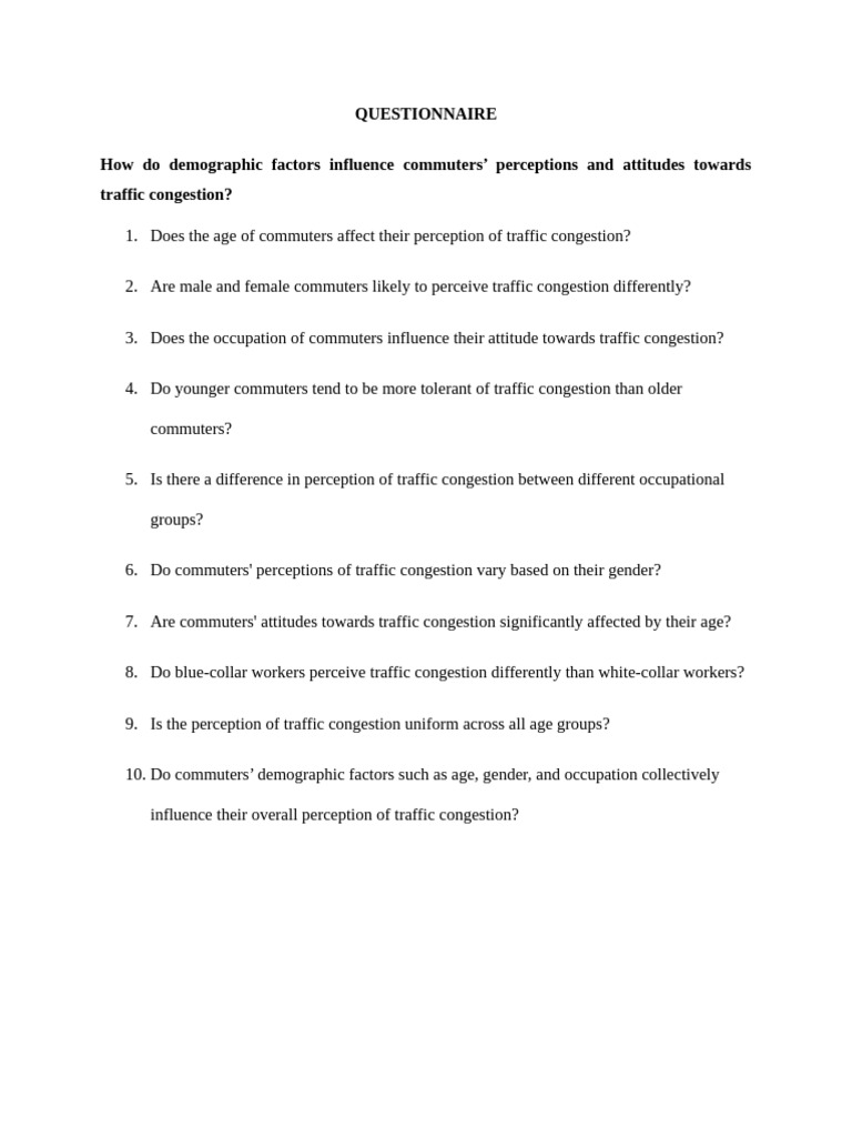 QUESTIONNAIRE | PDF | Commuting | Traffic Congestion