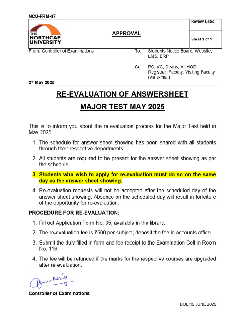 Notice - Re-evaluation Major Test May 2025 | PDF