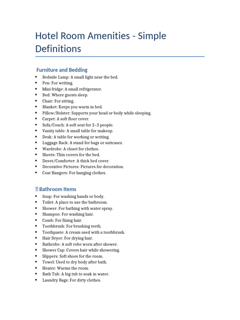 Hotel Room Amenities Definitions | PDF