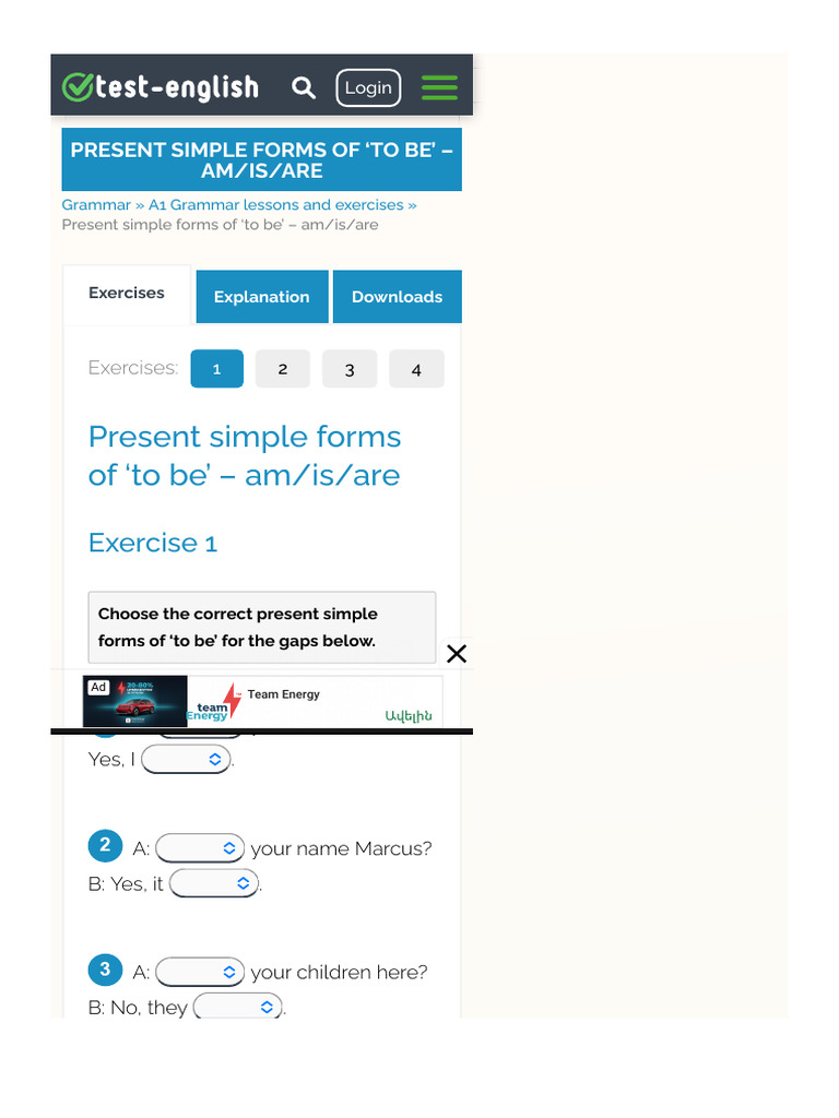 Present Simple Forms of 'to Be' – Am-Is-Are - Test-English | PDF