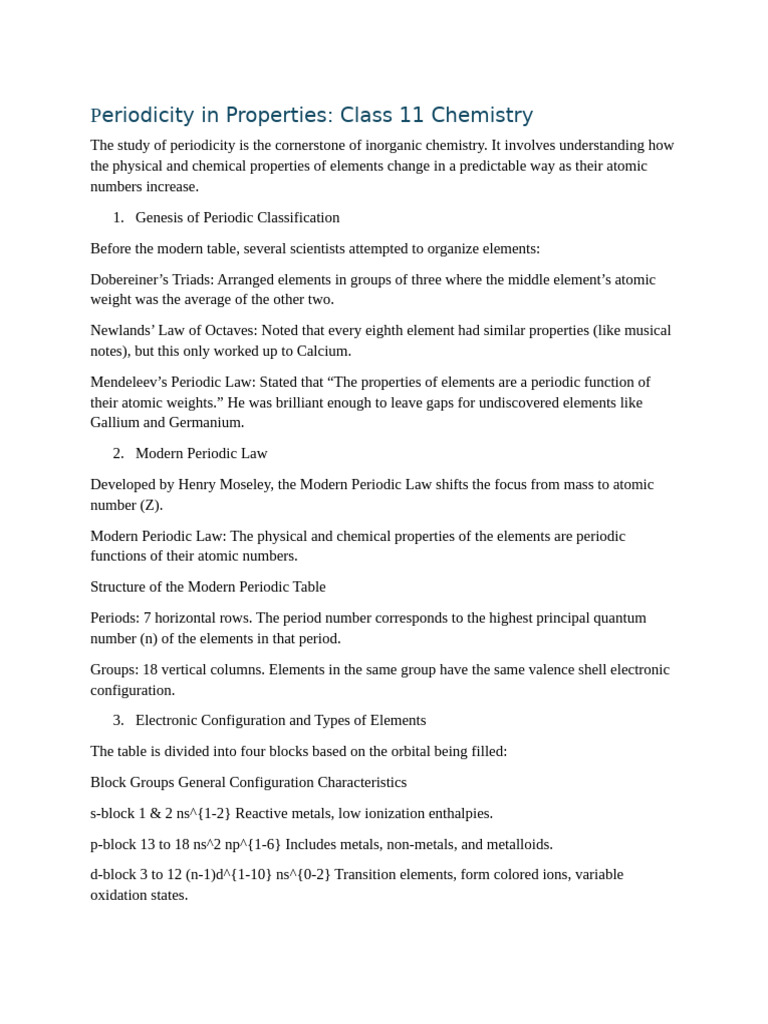 Periodicity in Properties Class 11 Chemistry | PDF | Periodic Table ...