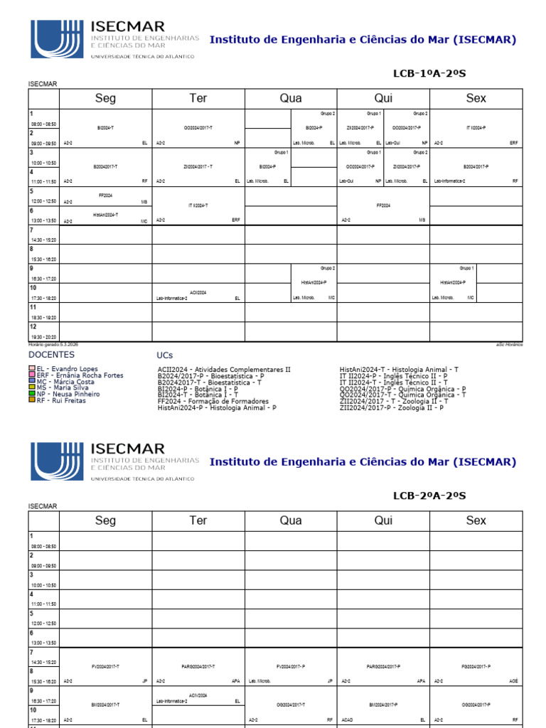 UCs Horários 2025 2026-2ºS 05032026 | PDF | Science