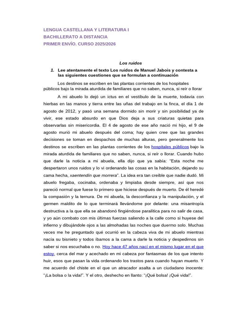 Actividades de Lengua y Literatura 1º Bach Primer Envío | PDF