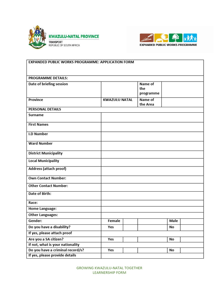 Application Form Epwp Programme | PDF