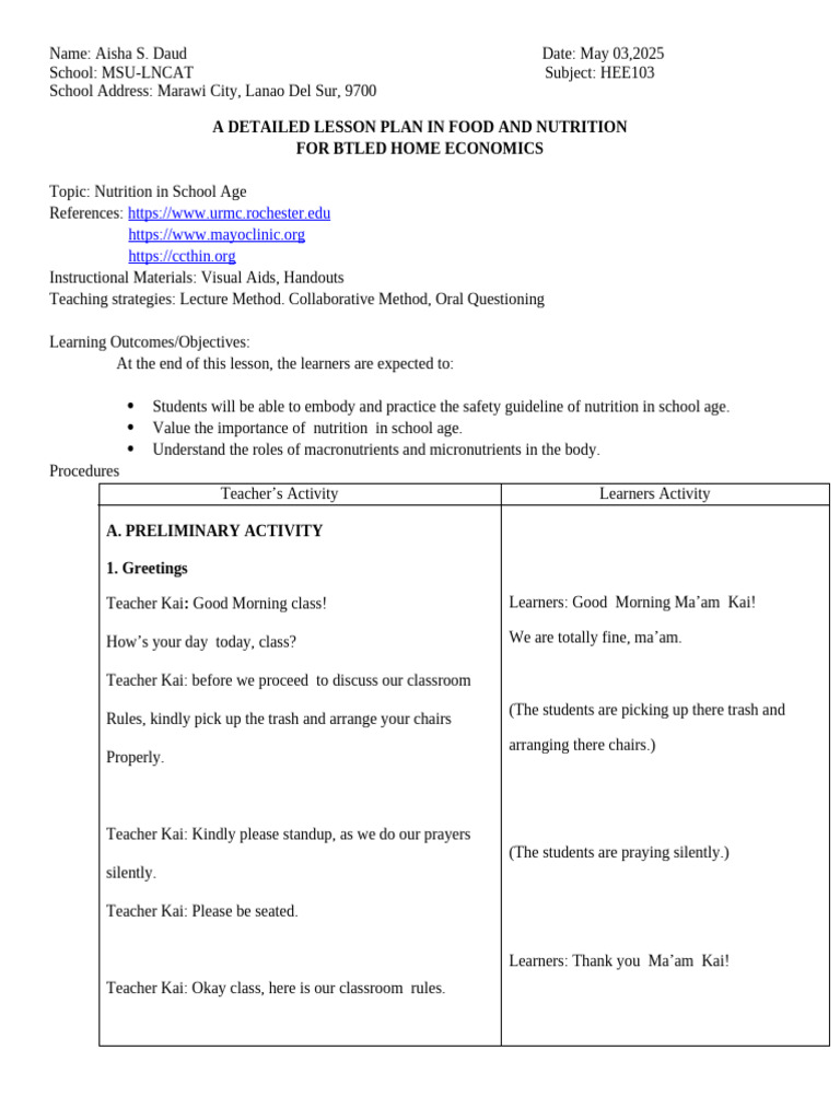 Lesson Plan Demoteaching 2 | PDF | Nutrients | Nutrition