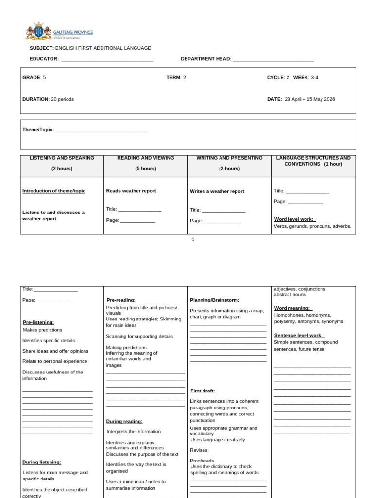 GR 5 ENG term 2 cycle 2 - FAL-2 | PDF | English Language | Vocabulary