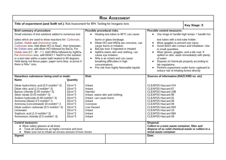 Blank RISK ASSESSMENT For A-Level Practicals | PDF | Ammonia | Acid