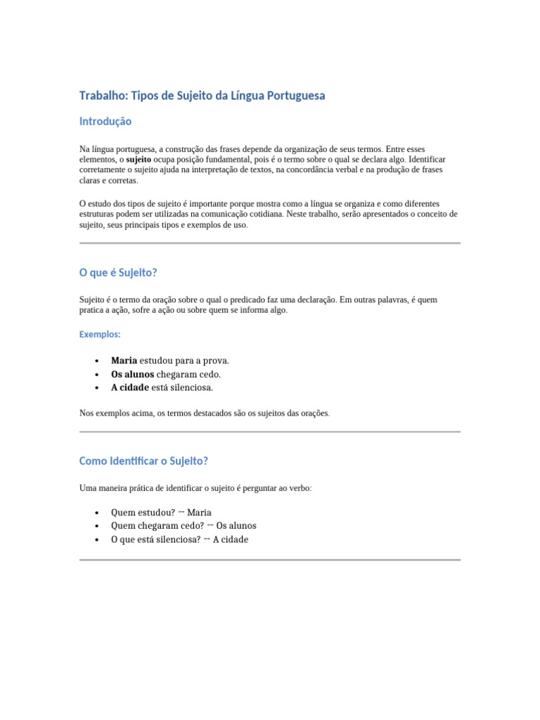 Trabalho Tipos de Sujeito Da Língua Portuguesa | PDF | Assunto ...