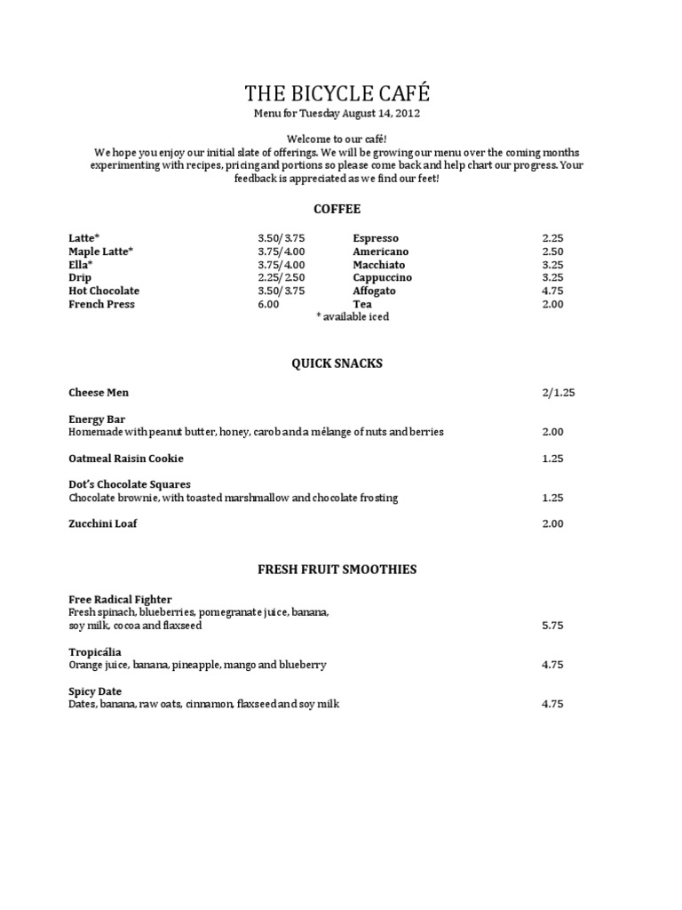 Bicycle Café Menu - August 2012 | PDF