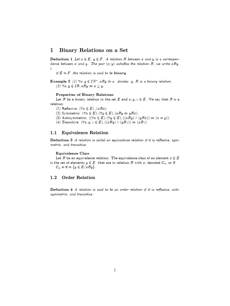 Binary Relations on a Set | PDF