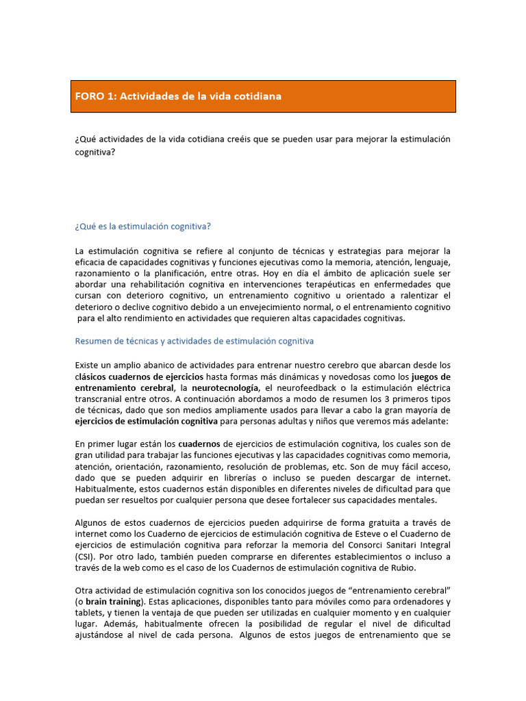 Foro 1. Actividades de La Vida Cotidiana | PDF | Cognición | Memoria