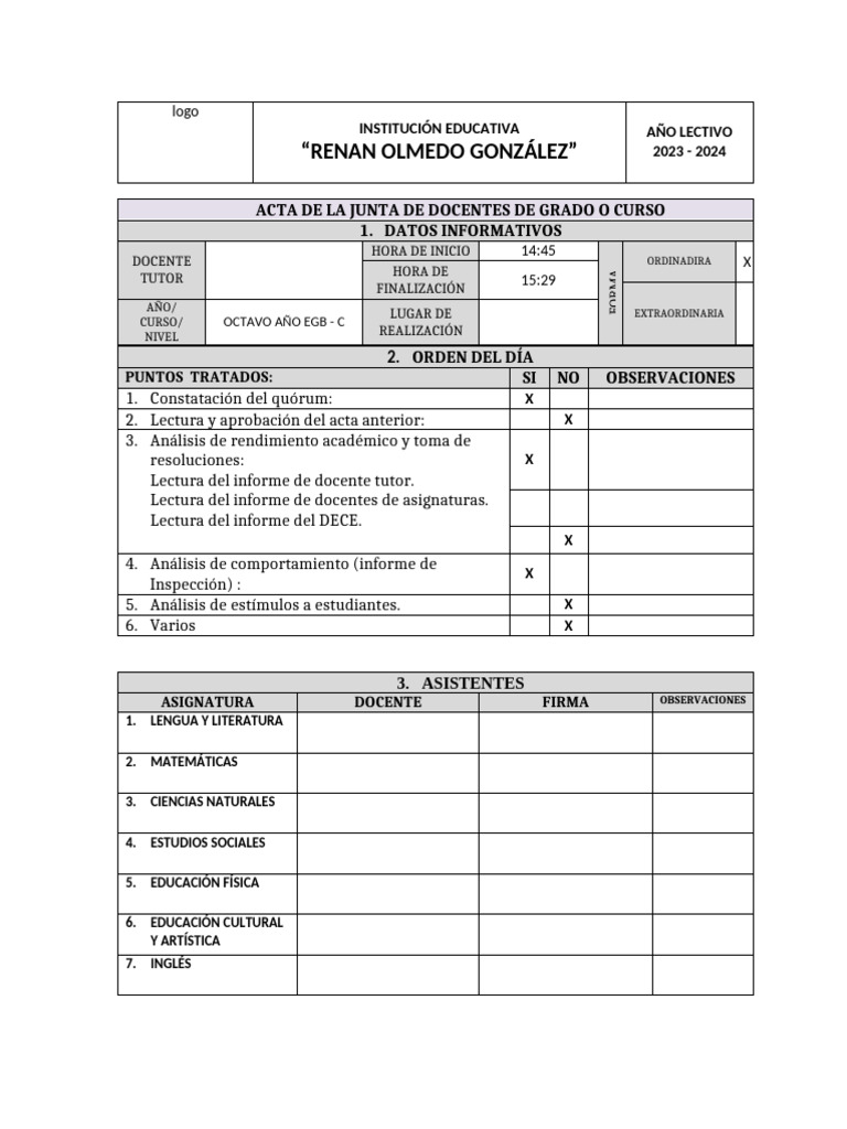 Acta Junta de Docentes 8VO. AÑO - C Primer Trimestre 2023 | PDF