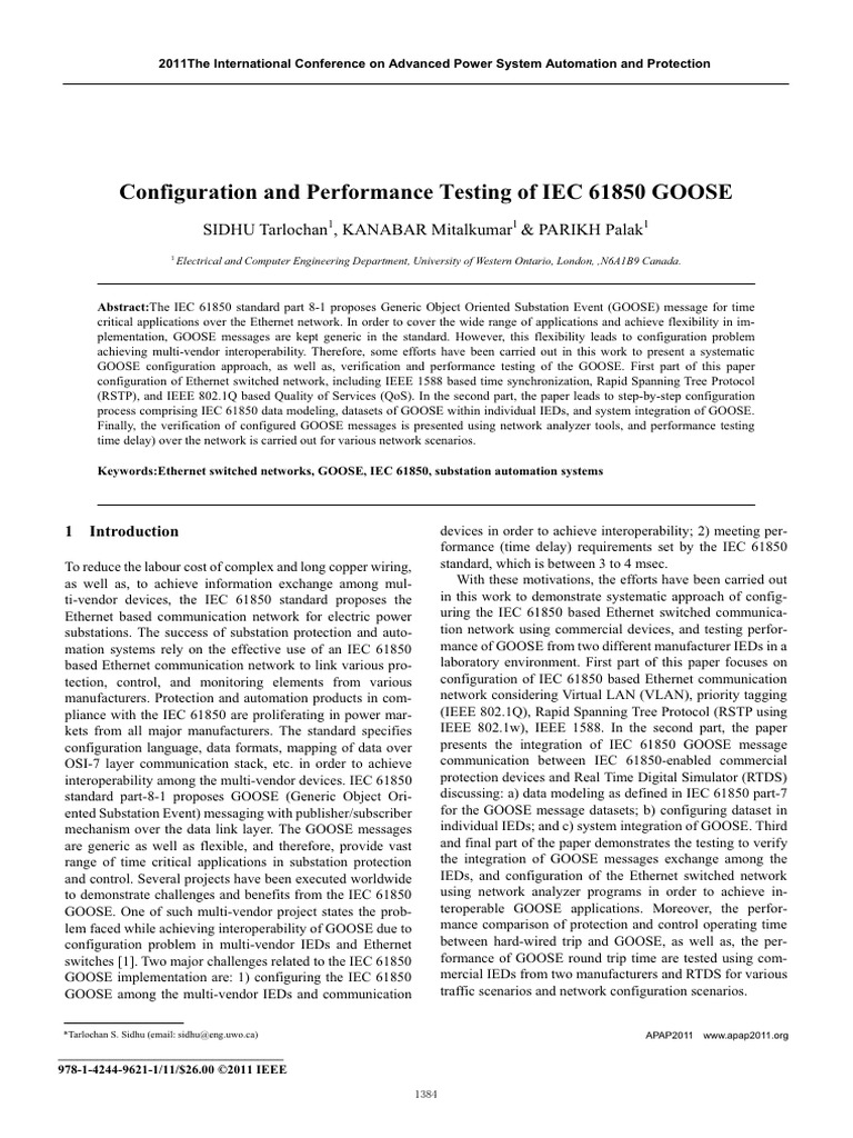 Configuration and Performance Testing of IEC 61850 GOOSE | PDF ...