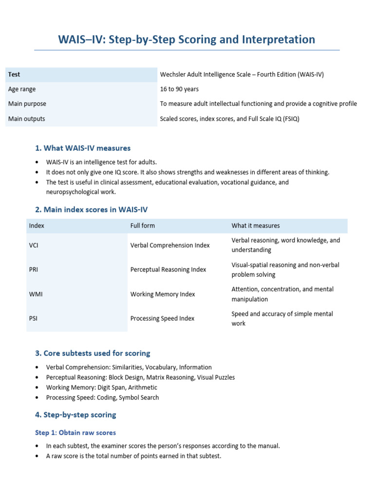 WAIS IV Scoring Interpretation | PDF | Wechsler Adult Intelligence ...