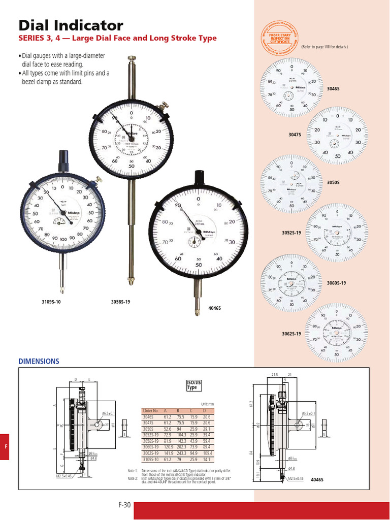 Mitutoyo Dial Indicator Large Dial Face Type 3000 and 4000 Series (1) | PDF