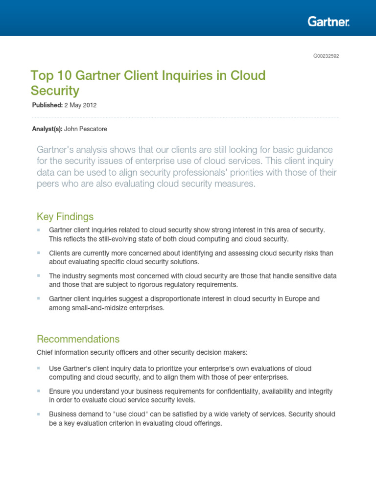Top 10 Gartner Client Inquiries in Cloud Security | PDF | Cloud ...