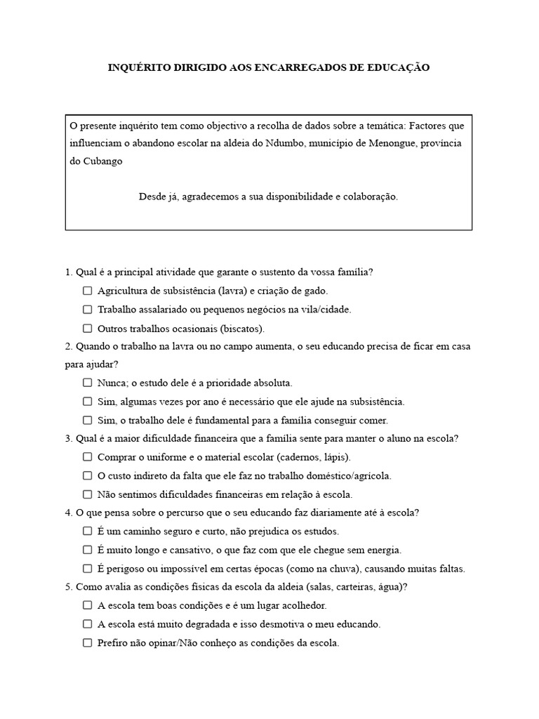 Inquérito Dirigido Aos Encarregados de Educação | PDF