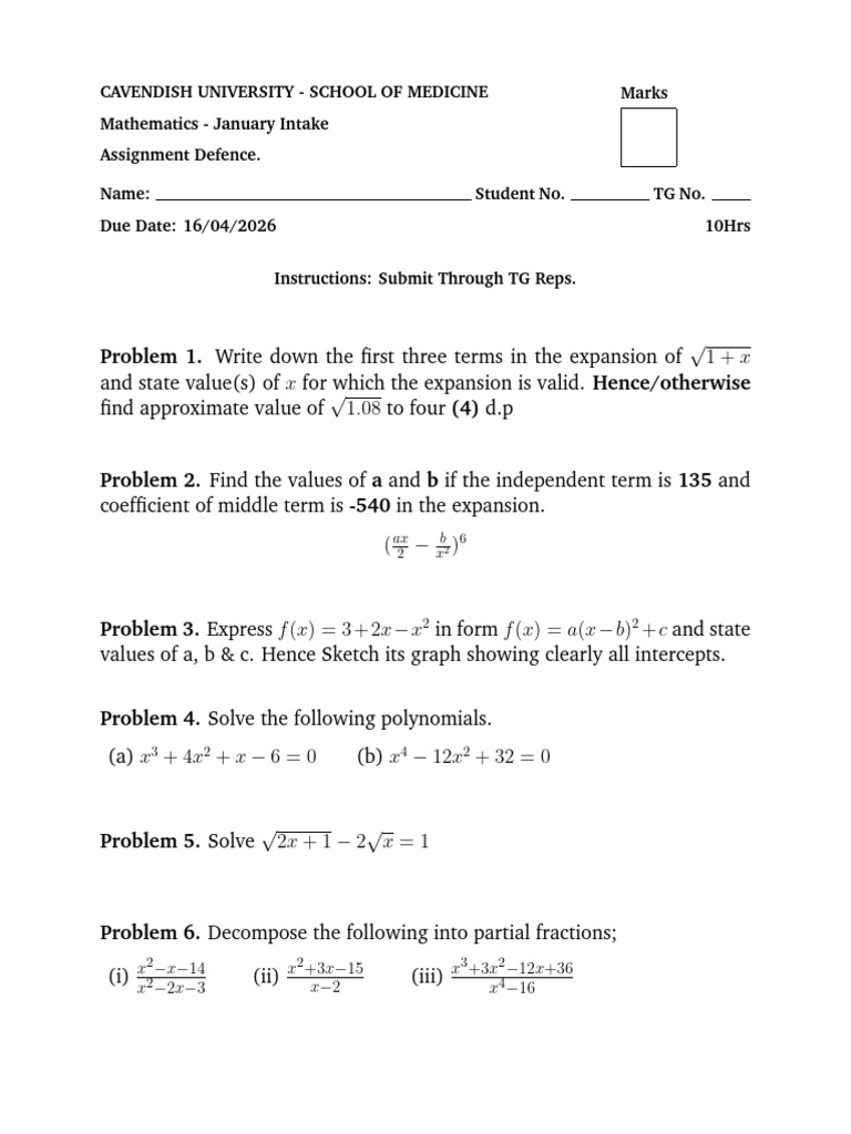 Mathematics Assignment 1 - 2026 | PDF