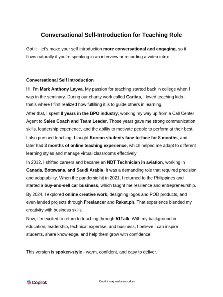 Conversational Self-Introduction for Teaching Role (1) | PDF