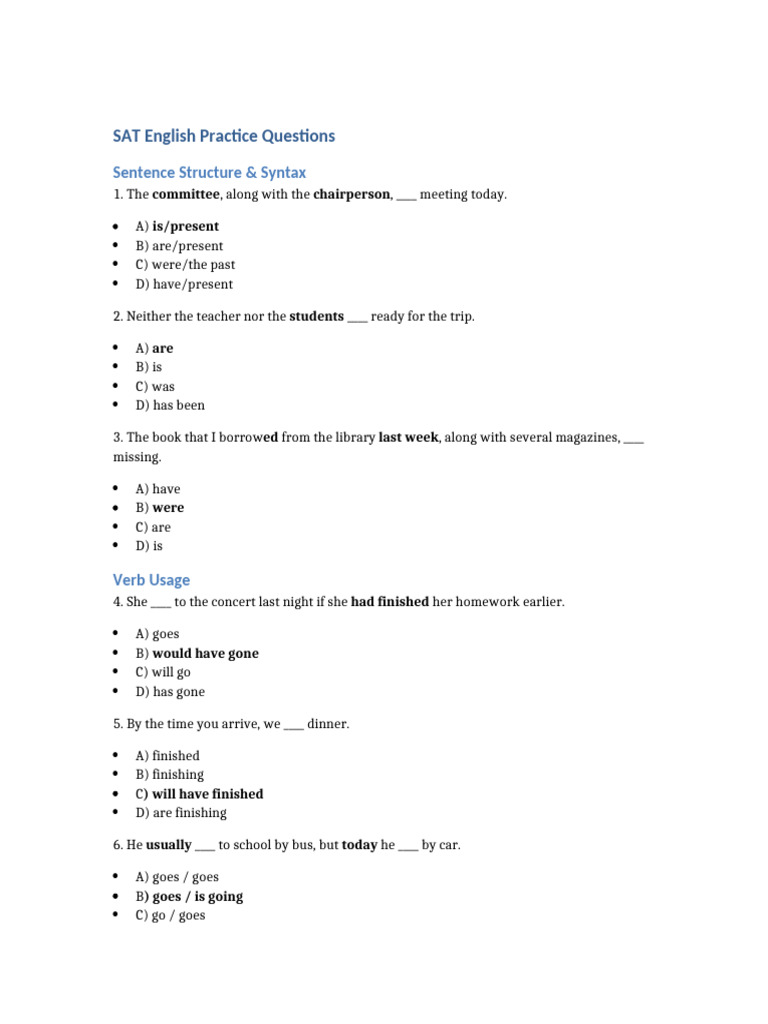 SAT_English_Practice_Questions | PDF | Language Mechanics | Grammar