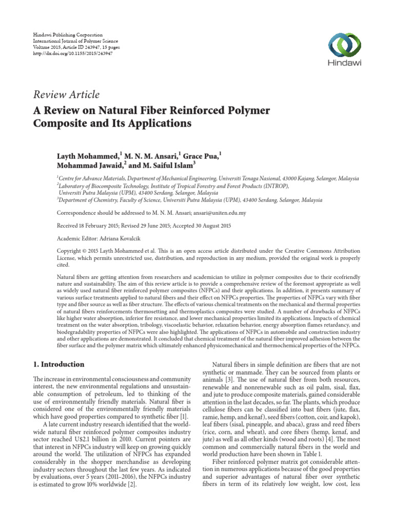 A Review on Natural Fiber Reinforced Polymer Composite and Its ...