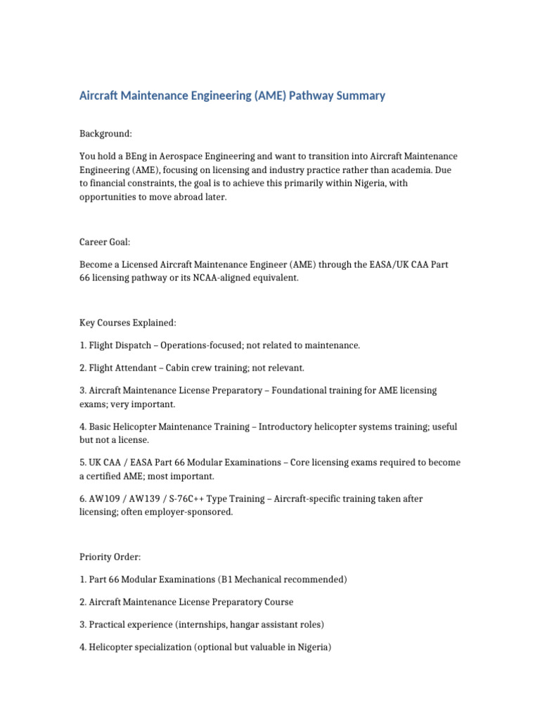 AME Career Path Summary | PDF | Aircraft | Aviation