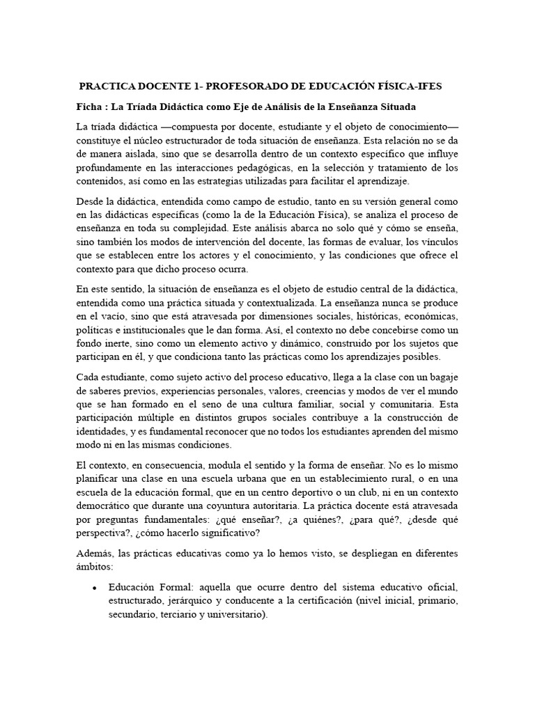 Ficha Triada Didactica Practica Docente 1 Ifes | PDF | Enseñando | Maestros