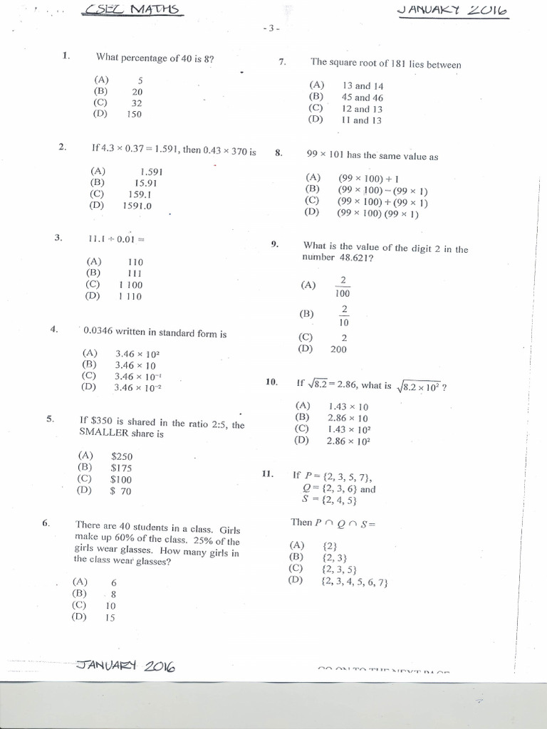 CSEC Jan 2016 Mathematics P1 | PDF
