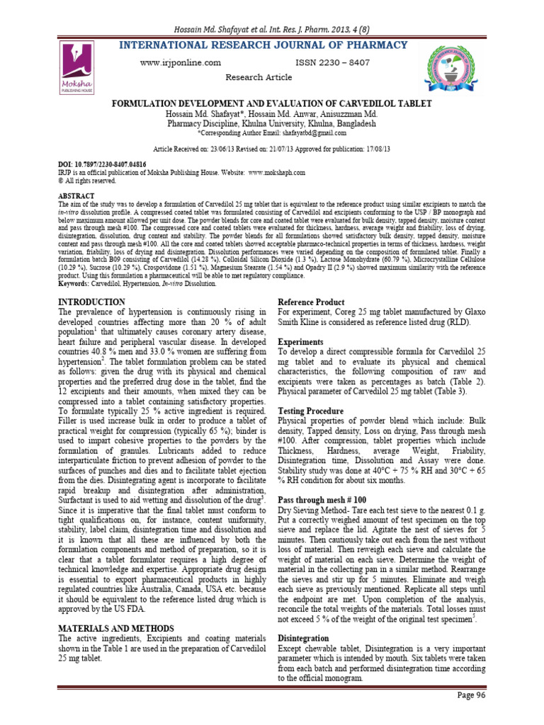 Formulation Development and Evaluation o | PDF | Tablet (Pharmacy ...
