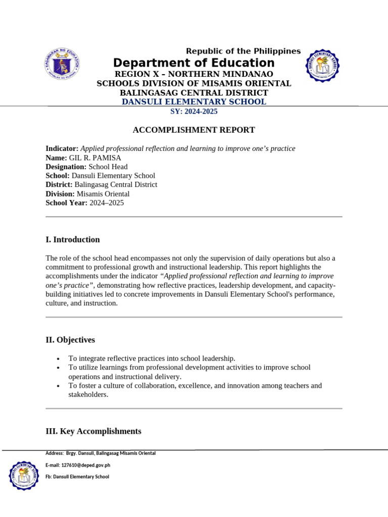 Accomplishment Report Professional Reflection | PDF | Learning | Mentorship